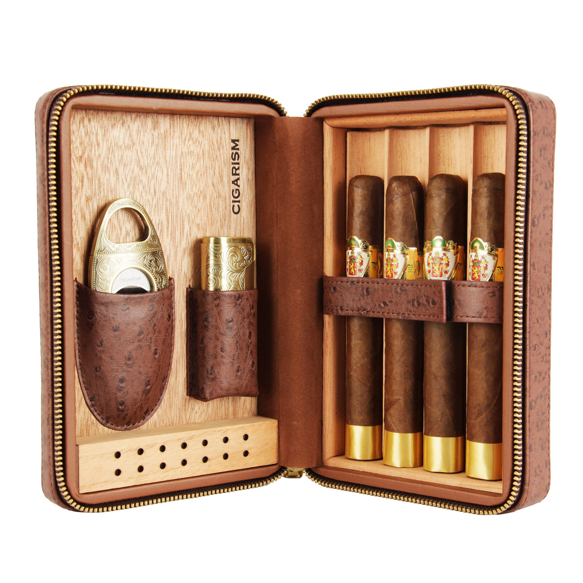 CIGARISM Genuine Leather Spanish Cedar Lined Cigar Travel Case Humidor  W/Cutter Lighter Set 4 Count (Ostrich)