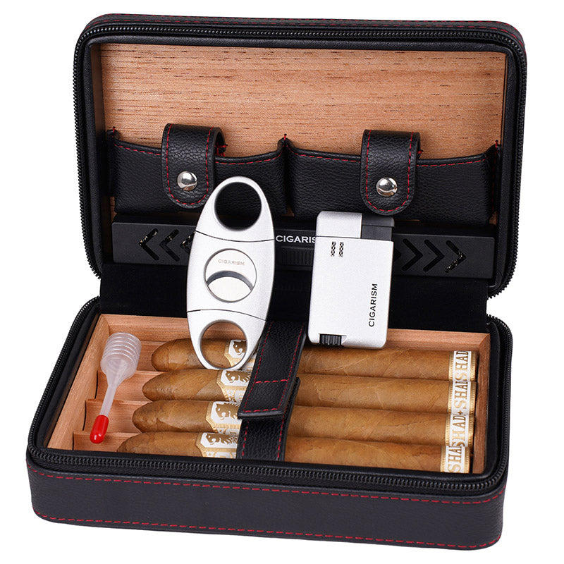 CIGARISM Cedar Lined Cigar Case Travel Humidor Cutter Lighter Set 4 Co