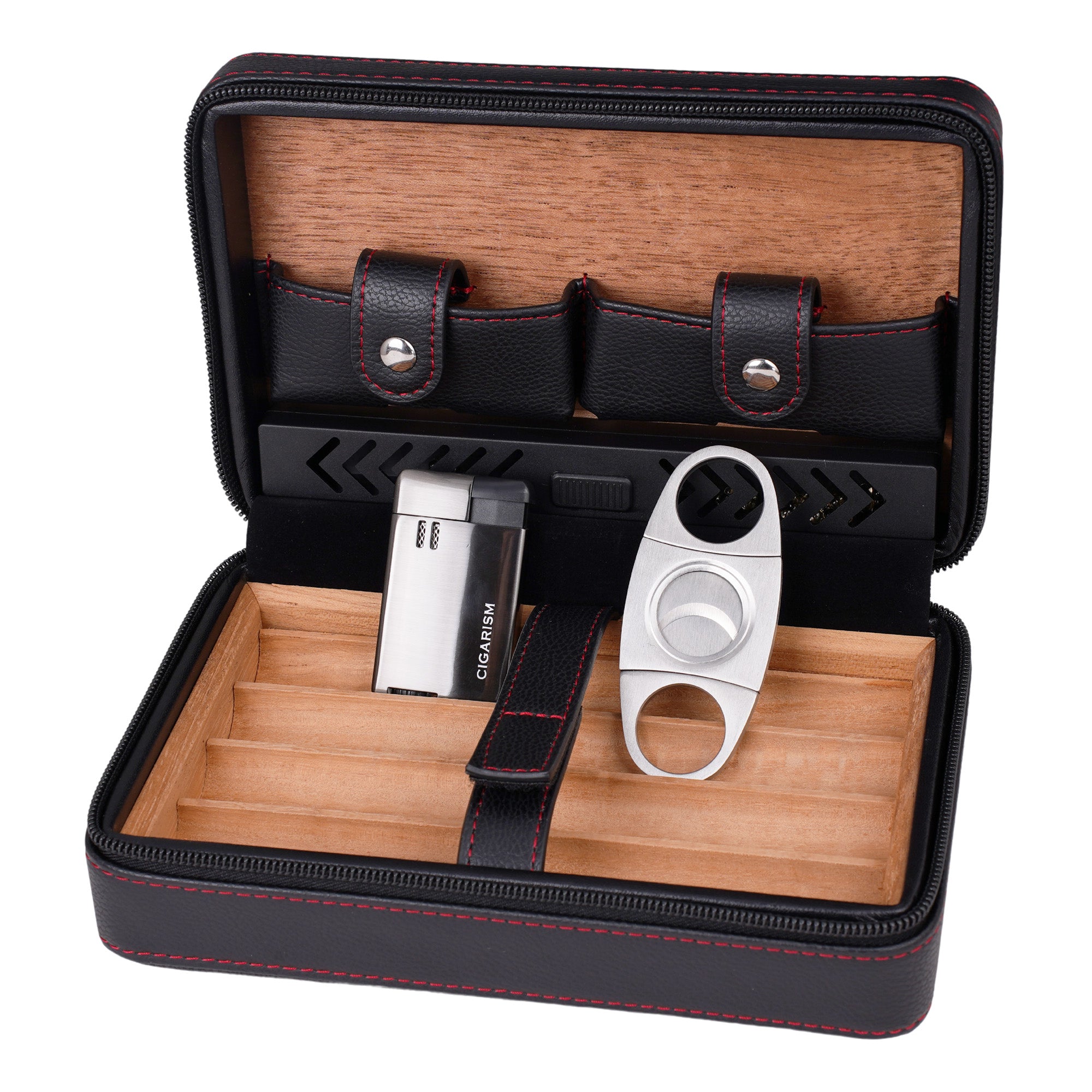 cigarette humidor case TISFA Cigar Humidor, Leather Cedar Wood Cigar with Cigar Lighter, V Cut Cigar Cutter, Cigar Holder 3 in 1, Portable Travel Cigar Box with In Hygrometer The Outlander Travel Humidor Case