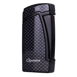 CIGARISM Carbon Fiber Style Cigar Lighter, Double Torch Jet Flame W/Cigar Punch
