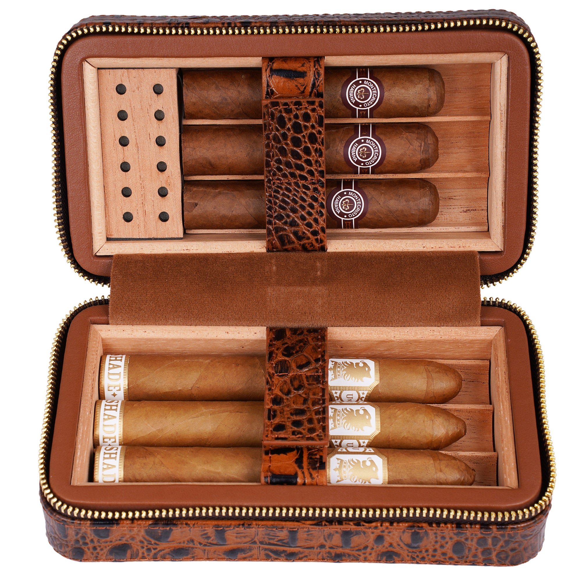 Brown Alligator Pattern Leather Cigar Carry Case for 3 Cigars