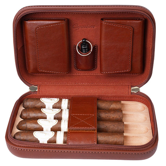 CIGARISM Cigar Travel Case Humidor Bag, Italian Oil Wax Leather Spanish Cedar Accessory Pouches, Holds 4 to 5 Cigars