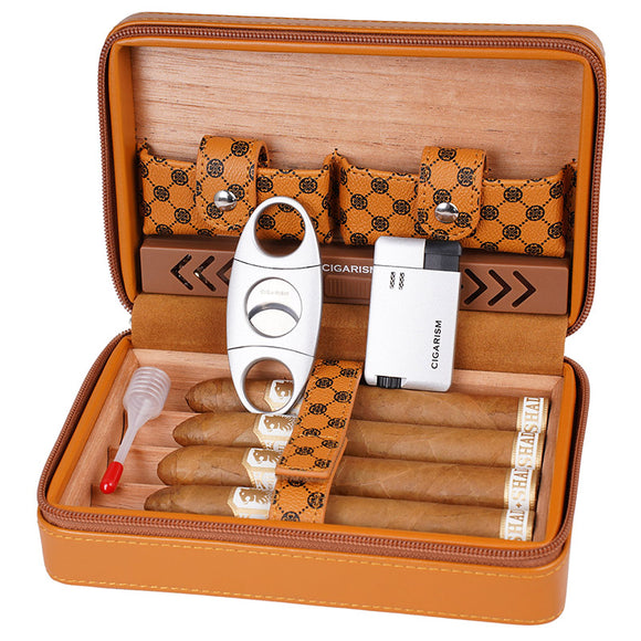 CIGARISM Cigar Travel Case, PU Leather Spanish Cedar Cigar Humidor W/Cutter Lighter Set (Brown)