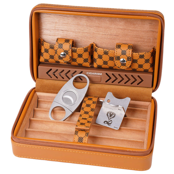 CIGARISM Cigar Travel Case, PU Leather Spanish Cedar Cigar Humidor W/Cutter Rest Set (Brown)